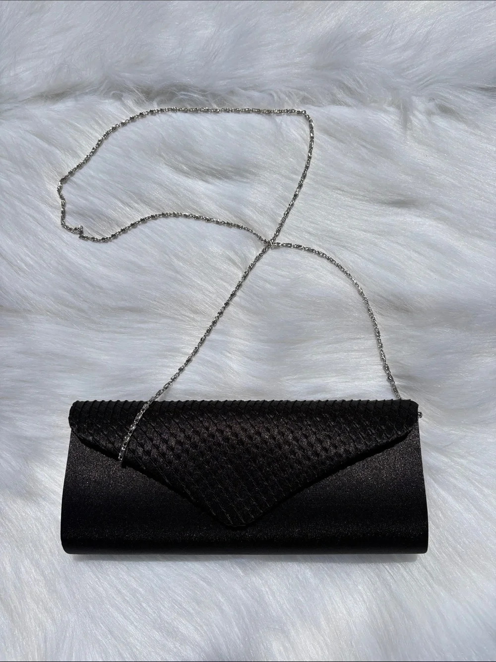 LAURA FORMAL WEAR~ Black Satin Envelope Clutch with Textured Flap - Picture 4 of 7